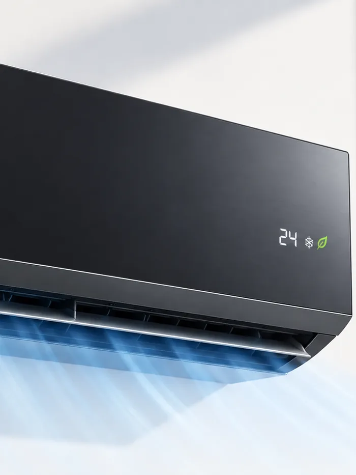 Wall-mounted split air conditioning unit with digital temperature display, cooling airflow visible