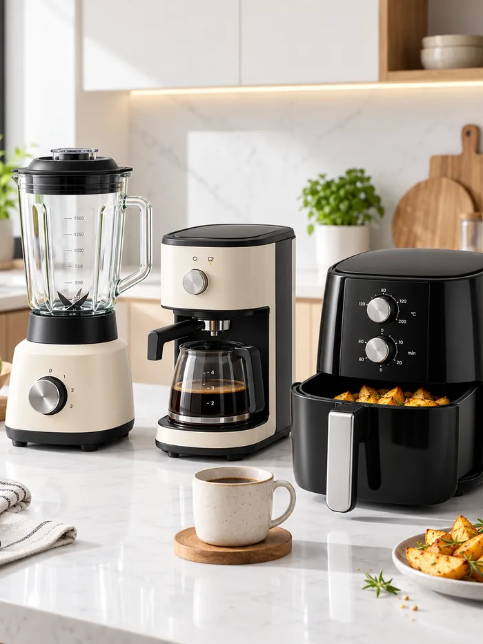 Blender, drip coffee maker and air fryer on a kitchen countertop