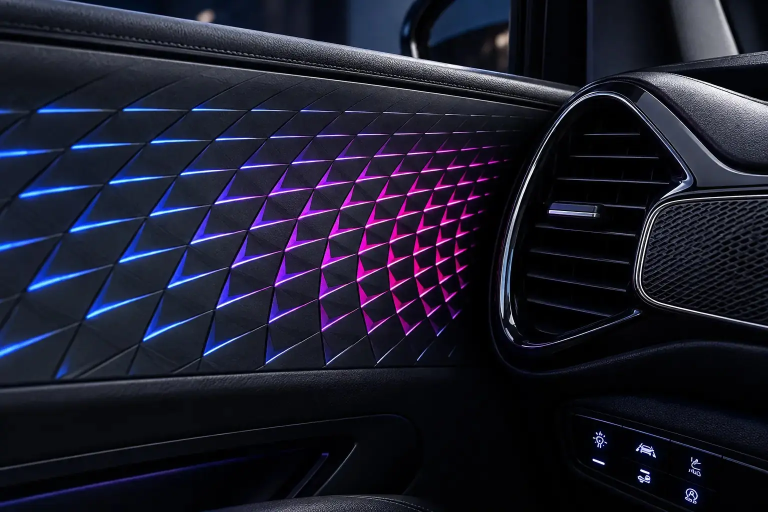 LED module, lit from behind a metallic surface