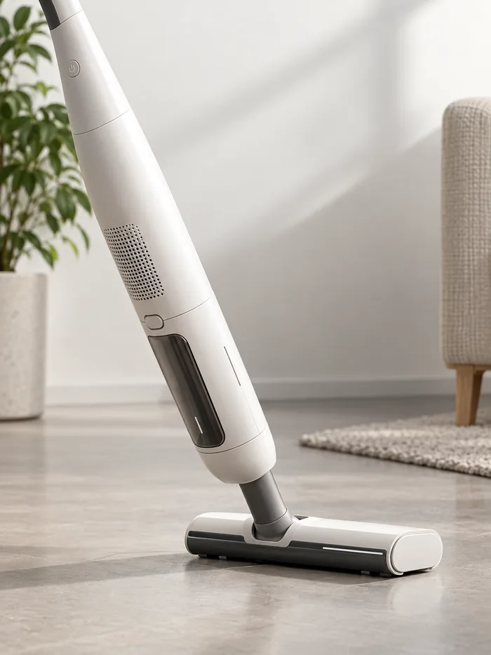 Cordless stick vacuum cleaner on a hardwood floor in a living room
