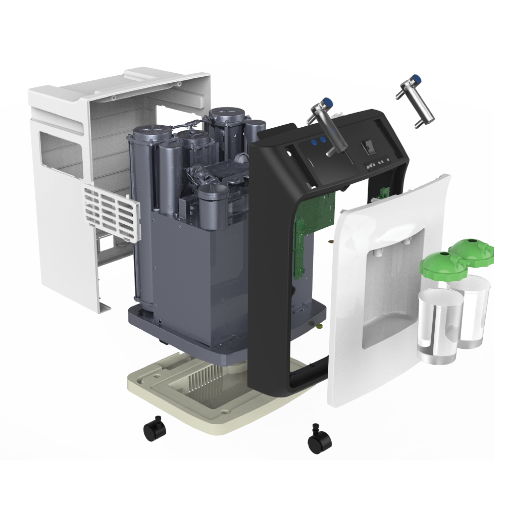 Exploded view of a medical device enclosure showing housing panels, internal module and electro-mechanical layers